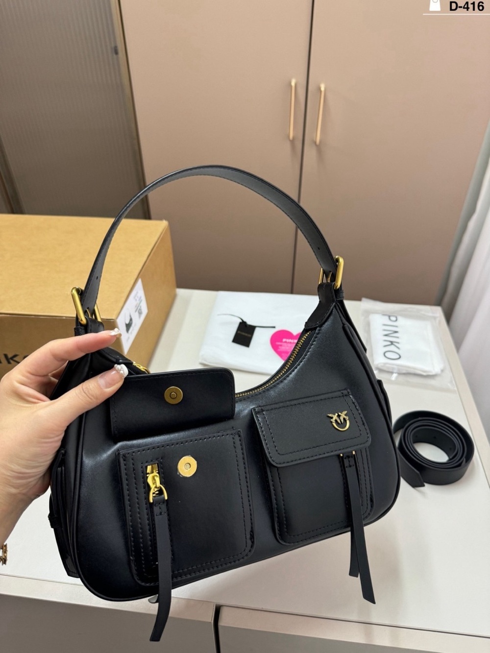 Pinko Black Leather Shoulder Bag with Front Pockets and Gold Hardware - Picture 2 of 9